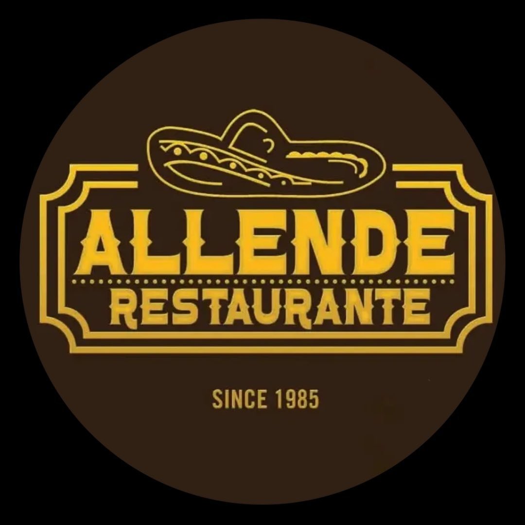 Allende Restaurante logo: ALLENDE RESTAURANTE in gold under a sombrero, since 1985